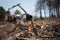 Blurred machine loading logs into the truck with focus on foreground