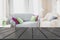 Blurred modern living room interior in rustic style with chair, soft divan. Abstract background for design.