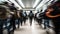 Blurred motion of commuters rushing through modern subway station generated by AI