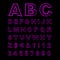 Blurred Neon Vector Font. Purple Letters, Signs and Numerals on a Black Background