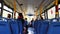 Blurred People travelling in double-decker bus in the mountains