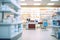 Blurred pharmacy drugstore interior with rows and shelves with medications remedies. Medical background