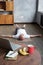 Blurred phot of senior caucasian man lying in Shavasana pose