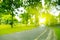 Blurred photo Park walkways with green trees with morning sun