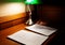 Blurred proofreading paper on wooden table