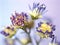 Blurred purple dry flower with water drops ,violet daisy dead flowers plants ,macro image ,soft focus for card design