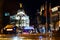 Blurred rays of traffic lights on Gran via street, main shopping street in MAdrid