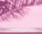 Blurred shadow of tropical palm leaves on pink wall and table top in the foreground. Summer concept