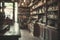 Blurred shelves in a store with goods, shopping concept in a supermarket