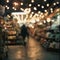 Blurred shelves in a store with goods, shopping concept in a supermarket