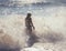 Blurred silhouette of a girl in a spray of sea foam and sunlight glare