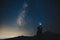 Blurred silhouette of a man observing the starry sky with the milky way and a flashlight