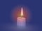 Blurred silhouette of one burning candle in the darkness on blue background. Burning wax candle realistic set.