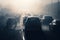 Blurred silhouettes of cars surrounded by steam from the exhaust pipes Traffic jam. Generative AI