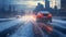 blurred snowy road during a snowstorm on a winter night