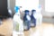 Blurred spray bottle of disinfectant household cleaners.