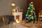 Blurred stylish room interior with Christmas tree