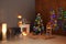Blurred stylish room interior with Christmas tree