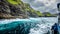 Blurred tourists observe the spectacular Vestmanna cliffs in Faroe Islands