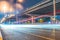 Blurred traffic light trails on road at night in China