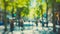 A blurred view of a bustling street lined with leafy trees capturing the lively atmosphere and new beginnings associated