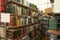 Blurred view of shelving units with books