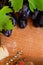 Blurred wine background with corkscrew, grapes and bottle, macro