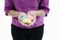 Blurred of woman hold 3 colorful handicraft heart in her hand is