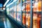 Blurry abstract backdrop of supermarket coolers filled with soft drink bottles