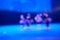 A blurry background of a dance festival from a group of little girls. Bright lighting of the blue dance floor stage