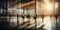 Blurry businesspeople walking office interior with sunlight. Generative AI