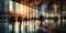 Blurry businesspeople walking office interior with sunlight. Generative AI