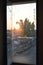 Blurry dirty mirror window focus detail with sunset, background and wallpaper