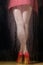 Blurry female legs in red shoes behind wet glass with raindrops
