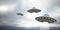 Blurry grey UFO flying in dull sky with mock up place. Spaceship, invasion, mystery and science concept.