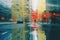 a blurry image of a city street with a person walking in the rain