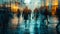 A blurry image of a group of people walking down the street, AI