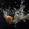 Blurry images of soda bubbles splashing with orange in black background