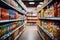 Blurry interior of large grocery store with aisles and shelves