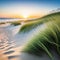 a blurry photo of a beach with grass blowing in the wind and the ocean in the background with a blurry sky in the