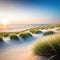 a blurry photo of a beach with grass blowing in the wind and the ocean in the background with a blurry sky in the