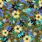Blurry seamless pattern of multicolor transparent flowers and leaves on a brown tones background