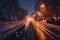 Blurry snow road night. Generate Ai