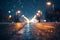 Blurry snow road night traffic. Generate Ai