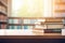 Blurry sunny bookshelf background, stacked books on wooden table. Generative ai