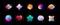 Blurry vector template shapes set y2k aura brutalism effect, orbits, stars. Colorful contemporary decorative holographic