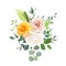 Blush pink, ivory white and yellow rose, spring garden flowers, eucalyptus