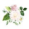 Blush pink rose, ivory white dahlia, spring garden flowers, salal, anthurium