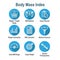 BMI - Body Mass Index Icon Set with BMI Machine, weight scale, e