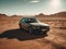 BMW in the desert. The image features a BMW car, covered in dust and dirt, parked in the middle of a vast desert landscape